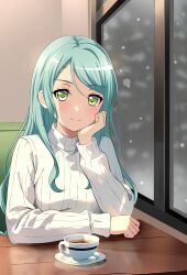 Rule 34 | 1girl, absurdres, aqua hair, arm on table, bang dream!, commentary, cup, english commentary, fries vanquisher, green eyes, hand on own cheek, hand on own face, head rest, highres, hikawa sayo, indoors, long hair, looking at viewer, ribbed sweater, saucer, smile, snow, solo, sweater, table, teacup, turtleneck, turtleneck sweater, window