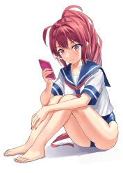 Rule 34 | 1girl, barefoot, blue one-piece swimsuit, cellphone, feet, full body, hair ribbon, highres, i-168 (kancolle), kantai collection, long hair, mayura (lucadia), one-piece swimsuit, phone, pink hair, ponytail, red hair, ribbon, sailor collar, sailor shirt, school swimsuit, school uniform, serafuku, shirt, short hair, simple background, sitting, solo, swimsuit, swimsuit under clothes, toes, white background