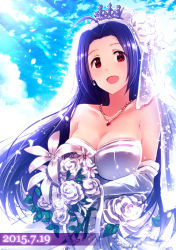Rule 34 | 1girl, ahoge, bad id, bad pixiv id, bare shoulders, blue hair, breasts, cleavage, cloud, collarbone, crown, dated, dress, elbow gloves, flower, gloves, gradient background, headdress, idolmaster, idolmaster (classic), ima (lm ew), jewelry, miura azusa, necklace, open mouth, petals, profile, red eyes, rose, sky, smile, solo, strapless, strapless dress, wedding dress, white gloves