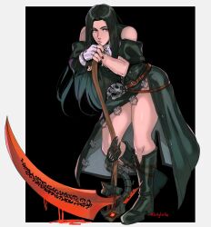 Rule 34 | 1other, androgynous, bare shoulders, black footwear, black hair, black nails, blood, full body, gloves, guilty gear, guilty gear strive, highres, long hair, looking to the side, nail polish, other focus, red eyes, scythe, skull, standing, testament (guilty gear), thighs, tirtyturtle, white gloves