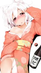 Rule 34 | 1girl, animal ears, blush, bottle, breasts, cleavage, drunk, inubashiri momiji, japanese clothes, kimono, no panties, off shoulder, red eyes, sake bottle, short hair, small breasts, solo, terazip, touhou, wolf ears