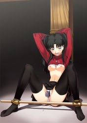 Rule 34 | 1girl, bdsm, black hair, blue eyes, bondage, bound, bra, bra lift, breasts, clothes lift, clothing aside, dildo, drooling, fate/stay night, fate (series), hair ribbon, long hair, long legs, nipples, object insertion, panties, panties aside, pussy, ribbon, sex toy, shirt lift, solo, spread legs, spreader bar, thighhighs, tohsaka rin, two side up, underwear, vaginal, vaginal object insertion, yangsion, zettai ryouiki