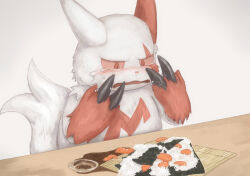 Rule 34 | aserora, blush, claws, colored sclera, creatures (company), food, game freak, gen 3 pokemon, how to make sushi (meme), looking at food, meat, meme, nintendo, no humans, nori (seaweed), pokemon, pokemon (creature), red eyes, red sclera, rice, simple background, solo, table, tearing up, white background, zangoose