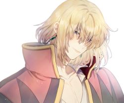 Rule 34 | 1boy, blonde hair, closed mouth, collarbone, earrings, high collar, howl (howl no ugoku shiro), howl no ugoku shiro, jacket, jacket on shoulders, jewelry, looking at viewer, male focus, mgmg 1012, open clothes, short hair, simple background, smile, solo, upper body, white background