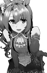 Rule 34 | 1girl, aaru (tenrake chaya), blush, breasts, commentary request, detached sleeves, ear ornament, hair ornament, long hair, lower teeth only, medium breasts, monochrome, open mouth, pointing, pointing at viewer, satono crown (umamusume), shorts, side ponytail, simple background, sleeveless, solo, teeth, umamusume, white background