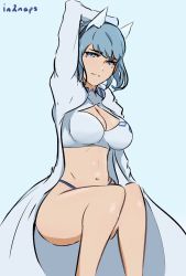 Rule 34 | bikini, blue eyes, blue hair, breasts, cleavage, fire emblem, fire emblem heroes, hairband, highres, ice horns, in2naps, large breasts, light blue hair, navel, nifl (fire emblem), nintendo, official alternate costume, robe, sitting, swimsuit
