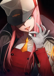 Rule 34 | 10s, absurdres, aqua eyes, buttons, candy, darling in the franxx, double-breasted, eyeshadow, food, fpanda, gloves, green eyes, hat, head tilt, highres, jacket, jacket on shoulders, lollipop, makeup, military, military hat, military uniform, one eye covered, orange neckwear, pink hair, saliva, shadow, solo, straight hair, tongue, tongue suck, uniform, weapon, white gloves, zero two (darling in the franxx)