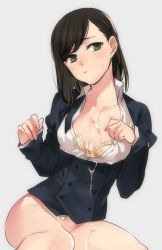 Rule 34 | 1girl, bad id, bad nijie id, black hair, blush, bottomless, bra, breasts, buttons, chair, cleavage, closed mouth, collarbone, cowboy shot, cum, cum on body, cum on breasts, cum on clothes, cum on upper body, double-breasted, dress shirt, expressionless, fingernails, green eyes, grey background, groin, hand on own chest, head tilt, long hair, long sleeves, open clothes, open shirt, shirt, simple background, sitting, small breasts, solo, unbuttoned, unbuttoned shirt, underwear, white shirt, yellow bra, yoshi susuki