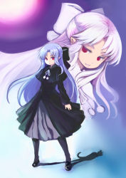 Rule 34 | 2girls, black bow, black capelet, black cat, black dress, black footwear, blue hair, bow, capelet, cat, commentary request, different shadow, dress, dual persona, flat chest, full moon, gothic lolita, grey legwear, hair bow, highres, johan (johan13), len (tsukihime), lolita fashion, long hair, mary janes, melty blood, moon, multiple girls, pantyhose, pointy ears, red eyes, ringed eyes, shoes, solo focus, standing, tsukihime, white bow, white capelet, white dress, white hair, white len (tsukihime)