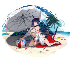 Rule 34 | .l.l, 1girl, absurdres, arknights, ball, bare legs, bare shoulders, barefoot, beach, beach umbrella, beachball, bikini, black choker, blue hair, blue sky, breasts, ch&#039;en (arknights), choker, cleavage, cloud, commentary request, criss-cross halter, day, dragon horns, eyewear on head, halterneck, highres, horns, medium breasts, off shoulder, open clothes, open shirt, outdoors, partial commentary, planted sword, planted, shadow, shirt, sky, solo, sunglasses, swimsuit, sword, thighs, umbrella, weapon, white bikini, white shirt