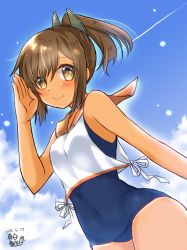Rule 34 | 1girl, blouse, blue sky, blue one-piece swimsuit, brown eyes, brown hair, cloud, cowboy shot, dated, day, hair ornament, hairclip, highres, i-401 (kancolle), kantai collection, looking at viewer, mashiro yukiya, one-hour drawing challenge, one-piece swimsuit, orange sailor collar, outdoors, ponytail, sailor collar, salute, school swimsuit, shirt, short ponytail, signature, sky, sleeveless, sleeveless shirt, solo, swimsuit, swimsuit under clothes, tan, tanline, white shirt