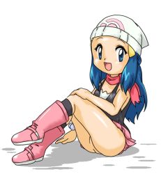 Rule 34 | 1girl, blue hair, creatures (company), dawn (pokemon), female focus, game freak, long hair, looking at viewer, nintendo, no panties, open mouth, pokemon, pokemon (anime), pokemon dppt (anime), pussy, sitting, skirt, solo, white background