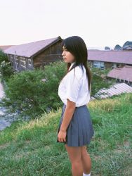 Rule 34 | 1girl, asian, cosplay, grass, kawamura yuki, long hair, outdoors, photo (medium), pleated skirt, school uniform, skirt, socks, solo, standing, tree, white socks