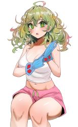 Rule 34 | 1girl, absurdres, bare shoulders, blue gloves, blush, boku no hero academia, breasts, camisole, cleavage, collarbone, gloves, green eyes, green hair, hagakure tooru, highres, kiritzugu, large breasts, looking at viewer, medium hair, messy hair, navel, open mouth, pink shorts, shorts, solo, thighs, unusually visible, white background, white camisole