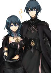 Rule 34 | 1900800m, 1boy, 1girl, absurdres, armor, black armor, black pantyhose, black shorts, blue hair, breasts, byleth (female) (fire emblem), byleth (fire emblem), byleth (male) (fire emblem), cape, closed mouth, detached collar, fire emblem, fire emblem: three houses, greaves, highres, large breasts, looking at viewer, nintendo, pantyhose, patterned legwear, short hair, short shorts, shorts, simple background, smile, weapon, white background