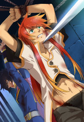 Rule 34 | 00s, 2boys, arms up, bdsm, black hair, blood, blue eyes, bondage, bound, clenched teeth, coat, green eyes, injury, leon magnus, liduke, long hair, luke fon fabre, male focus, midriff, multiple boys, nervous, red hair, rope, sword, tales of (series), tales of destiny, tales of the abyss, teeth, weapon