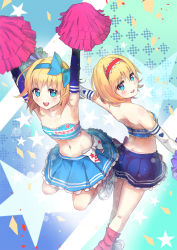 Rule 34 | 2girls, alice margatroid, alice margatroid (pc-98), alternate costume, armpits, arms up, bare shoulders, blonde hair, blue eyes, blue gloves, blush, bow, cheerleader, culter, elbow gloves, gloves, hair bow, hairband, highres, looking at viewer, midriff, multiple girls, navel, open mouth, pink legwear, pom pom (cheerleading), short hair, smile, time paradox, touhou, touhou (pc-98), white gloves