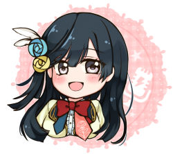 Rule 34 | 1girl, aqua flower, aqua rose, artist name, artist request, beige jacket, black hair, blue hair, blue neckwear, blush, bow, bowtie, breasts, brown jacket, center frills, chase (love live!), collared shirt, cropped jacket, dark blue hair, dress, dress shirt, feather hair ornament, feathers, female focus, flower, flower print, frilled dress, frills, grey eyes, hair flower, hair ornament, jacket, light brown jacket, long hair, looking at viewer, love live!, love live! nijigasaki high school idol club, love live! school idol festival, necktie, nijigasaki school uniform, parted lips, pink neckwear, ponytail, red bow, red neckwear, rose, school uniform, shirt, side ponytail, smile, solo, upper body, white feathers, white shirt, yellow flower, yellow jacket, yellow rose, yuki setsuna (love live!)