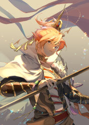 Rule 34 | 1boy, absurdres, bishounen, blonde hair, chinese clothes, hanfu, highres, holding, holding sword, holding weapon, lens flare, long hair, long sleeves, male focus, peking duck (the tale of food), rachelee618, solo, sword, tassel, the tale of food, weapon