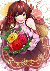 Rule 34 | 1girl, blonde hair, bouquet, breasts, brown hair, brown skirt, cleavage, clothing cutout, colored inner hair, commentary, confetti, english commentary, flower, from above, highres, holding, holding bouquet, large breasts, long hair, looking at viewer, looking up, miori celesta, miori celesta (1st costume), multicolored hair, open mouth, party popper, pink flower, pipbit, red flower, shoulder cutout, skirt, smile, tsunderia, virtual youtuber, yellow flower
