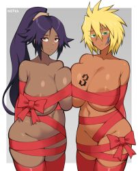 Rule 34 | 2girls, absurdres, areola slip, arms behind back, artist name, asymmetrical docking, bleach, blonde hair, breast press, breast tattoo, breasts, brown eyes, closed mouth, colored eyelashes, commission, dark-skinned female, dark skin, elbow gloves, female focus, frown, gloves, green eyes, highres, large breasts, long hair, looking at viewer, multiple girls, naked ribbon, navel, notkadraw, number tattoo, ponytail, purple hair, red gloves, red ribbon, red thighhighs, ribbon, shihouin yoruichi, short hair, smile, tattoo, thighhighs, tier harribel, trait connection