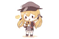Rule 34 | 1girl, blonde hair, blush, food, full body, gloves, green eyes, grey hat, hair between eyes, hat, heart, highres, holding, holding food, kantai collection, long hair, long sleeves, low twintails, military uniform, nada namie, open mouth, peaked cap, pleated skirt, pretzel, prinz eugen (kancolle), simple background, skirt, smile, solo, standing, twintails, uniform, white background, white gloves, white skirt