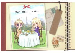 Rule 34 | 2girls, ahoge, blonde hair, blue sky, blush, booklet, bookmark, bouquet, braid, brown hair, cake, chair, city, cloud, collared shirt, cup, danish text, denmark, dessert, eiffel tower, flower, food, french text, grass, green upholstery, hair ribbon, happy birthday, hungarian text, hungary (country), long hair, looking at viewer, lynette bishop, multiple girls, necktie, no pants, open mouth, outdoors, paris, perrine h. clostermann, photo (medium), photo (object), plate, postage stamp, purple eyes, ribbon, shirt, sitting, sky, smile, stamp, strike witches, sweater, table, tablecloth, tea, teacup, teapot, tiered serving stand, tiered tray, translated, world witches series, yellow eyes, yuni (artist), yuni (seifuku-san)