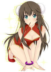 Rule 34 | 10s, 1girl, all fours, bad id, bad pixiv id, brown hair, bun cover, china dress, chinese clothes, cleavage cutout, clothing cutout, double bun, dress, food, green eyes, hair bun, highres, huang lingyin, infinite stratos, long hair, miniru, mouth hold, pocky