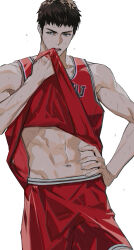 Rule 34 | 1boy, 77ho, abs, basketball jersey, basketball uniform, black eyes, black hair, clothes lift, hand on own hip, highres, jersey, korean commentary, looking to the side, male focus, mitsui hisashi, red shirt, red shorts, shirt, shirt lift, shorts, simple background, slam dunk (series), sleeveless, sleeveless shirt, sportswear, v-shaped eyebrows, white background