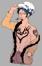 Rule 34 | 1boy, abs, arm tattoo, arm up, artist name, bad id, bad pixiv id, blue hair, chest tattoo, dark blue hair, facial hair, fur-trimmed jacket, fur trim, grey background, hand in pocket, hand on headwear, hat, highres, jacket, long sleeves, looking at viewer, male focus, no shirt, one piece, one piece: stampede, open clothes, open jacket, scowl, short hair, simple background, solo, tattoo, tbt, trafalgar law, yellow eyes, yellow jacket