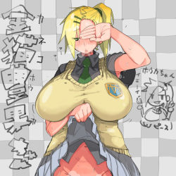 Rule 34 | 1girl, armpit peek, bad id, bad pixiv id, black shirt, blonde hair, body heat, borrowed character, breasts, breath, cardigan, character name, checkered background, chibi, chibi inset, clothes lift, collared shirt, crotch, eyes visible through hair, female focus, green eyes, green necktie, groin, hip focus, huge breasts, kaneko houka, lifting own clothes, muchigaku, navel, necktie, no panties, original, out-of-frame censoring, pleated skirt, plump, school uniform, self exposure, shirt, short sleeves, side ponytail, skirt, skirt lift, smell, solo, sweat, sweater vest, takayama toshinori, translated, wide hips