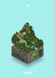 Rule 34 | absurdres, aqua background, cave, commentary request, creature, day, diorama, forest, gozz, highres, hill, isometric, nature, no humans, original, river, sun, tree