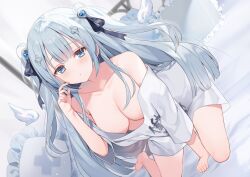 Rule 34 | 1girl, alternate costume, bed, blue eyes, blue hair, blurry, blurry background, blush, breasts, collarbone, commentary request, curtains, hair ornament, highres, indie virtual youtuber, large breasts, long hair, looking at viewer, p (p25234112), pillow, seiza, shirt, sitting, solo, t-shirt, virtual youtuber, waking up, wings, yuha uyu