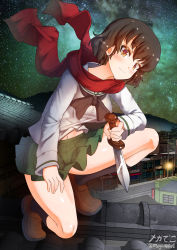 Rule 34 | 1girl, artist name, black neckerchief, black socks, blouse, brown eyes, brown footwear, brown hair, building, caesar (girls und panzer), closed mouth, commentary, girls und panzer, green skirt, hand on own thigh, highres, holding, holding knife, knife, loafers, long sleeves, looking at viewer, megadeko, midriff, milky way, miniskirt, navel, neckerchief, night, night sky, on one knee, ooarai school uniform, outdoors, pleated skirt, red scarf, rooftop, sailor collar, scarf, school uniform, serafuku, shirt, shoes, short hair, signature, skirt, sky, smile, socks, solo, star (sky), starry sky, twitter username, white sailor collar, white shirt, wind