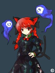 Rule 34 | 1girl, alphes (style), animal ears, braid, cat ears, cat girl, cat tail, female focus, kaenbyou rin, kaoru (gensou yuugen-an), multiple tails, parody, red eyes, red hair, ribbon, solo, style parody, tail, touhou, twin braids, twintails, zombie fairy (touhou)