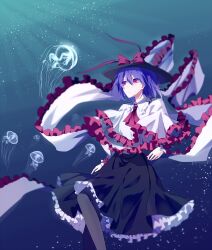 Rule 34 | 1girl, ascot, black hat, black skirt, bow, bubble, capelet, chokie, closed mouth, commentary request, frilled capelet, frilled shawl, frilled skirt, frills, hat, hat bow, highres, jellyfish, looking at viewer, nagae iku, purple hair, red ascot, red bow, red eyes, shawl, short hair, skirt, solo, touhou, underwater, white capelet