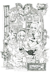 Rule 34 | 2girls, absurdres, alice in wonderland, alice margatroid, book, bug, butterfly, clock, english text, flower, highres, hourai doll, insect, kirisame marisa, lan chuan huo dao, loaded interior, monochrome, multiple girls, non-web source, shanghai doll, shelf, sitting, traditional media