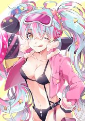 Rule 34 | 1girl, :p, aqua hair, bad id, bad pixiv id, breasts, cleavage, goggles, goggles on head, gun, hatsune miku, jacket, long hair, minori (faddy), one eye closed, revealing clothes, shooting miku, solo, star-shaped pupils, star (symbol), swimsuit, symbol-shaped pupils, tongue, tongue out, twintails, vocaloid, weapon