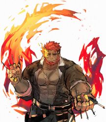 Rule 34 | 1boy, bara, beard, cowboy shot, dark-skinned male, dark skin, eyebrow cut, facial hair, fire, flaming eye, hephaestus (housamo), jumpsuit, large pectorals, looking at viewer, male focus, mature male, mechanic, muscular, muscular male, mustache stubble, partially unzipped, pectoral cleavage, pectorals, pyro (tf2), red eyes, red jumpsuit, scar, sdz (inazuma), short hair, stubble, thick eyebrows, tokyo houkago summoners, tools, unfinished