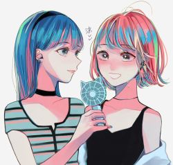 Rule 34 | 2girls, :d, absurdres, black hairband, black shirt, blue hair, blush, choker, earrings, electric fan, hairband, highres, huge filesize, jewelry, looking at another, multicolored hair, multiple girls, open mouth, original, richard-kun, shirt, short hair, smile, striped clothes, striped shirt, sweat, upper body, white background