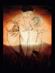Rule 34 | 1boy, 1girl, adam&#039;s apple, aged down, bad id, bad pixiv id, child, crying, double exposure, field, grass, grey hair, hand on another&#039;s arm, hand on another&#039;s face, japanese clothes, kimetsu no yaiba, kimono, long sleeves, looking at another, looking away, looking up, mother and son, mountainous horizon, nature, nihongami, obi, orange theme, outstretched arms, parted lips, pillarboxed, profile, sash, shinazugawa sanemi, shinazugawa shizu, short hair, sky, sobbing, sunao (pixiv46678627), tears, twilight, updo, wide sleeves