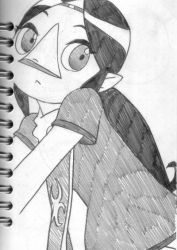 Rule 34 | 1girl, :&lt;, awkward pose, beak, black hair, child, circlet, closed mouth, colored skin, dress, expressionless, female focus, flat color, graphite (medium), grey dress, grey eyes, grey theme, leaning, long hair, looking away, medli, monochrome, monster girl, nintendo, o den, outstretched arms, photo (medium), pointy ears, ponytail, rito, short dress, short sleeves, sidelocks, solo, the legend of zelda, traditional media, upper body, white background, white skin