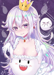 Rule 34 | 1girl, blush, boo (mario), breasts, brooch, cleavage, closed mouth, collarbone, commentary request, crown, detached collar, dress, earrings, fangs, fangs out, frilled dress, frilled sleeves, frills, ghost, gloves, hair between eyes, hands up, jewelry, large breasts, lips, long hair, looking at viewer, luigi&#039;s mansion, mario (series), new super mario bros. u deluxe, nintendo, pointy ears, princess king boo, puffy short sleeves, puffy sleeves, purple eyes, satori (ymoy), sharp teeth, short sleeves, silver hair, super crown, teeth, upper body, white dress, white gloves