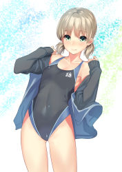 Rule 34 | 10s, 1girl, adapted costume, aki (girls und panzer), bare shoulders, black one-piece swimsuit, blonde hair, blue jacket, breasts, closed mouth, collarbone, competition swimsuit, covered navel, cowboy shot, eyebrows, girls und panzer, green eyes, hair tie, highres, jacket, kagematsuri, long sleeves, looking at viewer, low twintails, multicolored background, off shoulder, one-piece swimsuit, open clothes, open jacket, short hair, skin tight, sleeves past wrists, small breasts, smile, solo, standing, swimsuit, thighs, track jacket, twintails, undressing