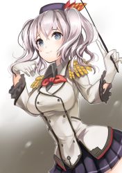 Rule 34 | 10s, 1girl, amripo, beret, blue eyes, breasts, commentary request, epaulettes, female focus, gloves, hat, kantai collection, kashima (kancolle), large breasts, long hair, looking at viewer, military, military uniform, miniskirt, silver hair, skirt, smile, solo, twintails, uniform, wavy hair, white gloves