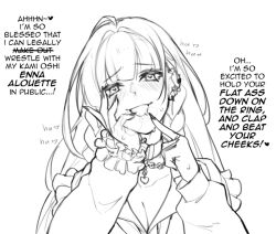 Rule 34 | 1girl, blush, breasts, breath, cleavage, collar, collarbone, commentary, dasdokter, earrings, english text, finger to mouth, greyscale, hair behind ear, head tilt, heart, heart-shaped pupils, implied yuri, jewelry, long hair, medium breasts, meloco kyoran, monochrome, nijisanji, nijisanji en, profanity, sleeves past wrists, solo, symbol-shaped pupils, virtual youtuber, white background
