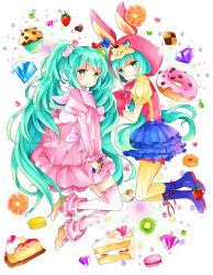 Rule 34 | 2girls, animal hood, aqua eyes, aqua hair, blush, cake, collared shirt, commentary request, cupcake, diamond (gemstone), dress, dual persona, food, frilled dress, frilled skirt, frilled sleeves, frills, fruit, gloves, hatsune miku, heart, highres, hood, hoodie, lol -lots of laugh- (vocaloid), long hair, long sleeves, looking at viewer, muffin, multiple girls, open mouth, orange (fruit), rabbit hood, red gloves, red ribbon, ribbon, shirt, short sleeves, skirt, tsukiyo (skymint), twintails, very long hair, vocaloid