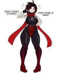 Rule 34 | 1girl, absurdres, ahoge, black gloves, black hair, blush, bodysuit, breasts, curvy, english text, fingerless gloves, gloves, grey eyes, hand on own hip, high heels, highres, justice league x rwby: super heroes and huntsmen, kinathefox, large breasts, looking at viewer, one eye closed, red hair, red scarf, ruby rose, rwby, scarf, skin tight, solo, superhero costume, thick thighs, thighs, v, white background, wink