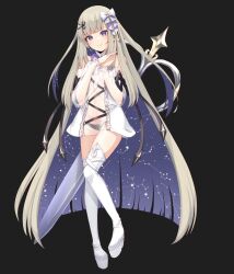 Rule 34 | 1girl, amanogawa shiina, aquarius (constellation), black background, black panties, blonde hair, boots, bow, capricorn (constellation), constellation, covered navel, detached sleeves, dress, full body, hair bow, long hair, navel, own hands together, panties, phase connect, purple eyes, sagittarius (constellation), scissors, scissors hair ornament, scorpius (constellation), see-through, see-through sleeves, short dress, solo, thigh boots, underwear, valefal coneri, very long hair, virgo (constellation), virtual youtuber, white bow, white dress, white footwear