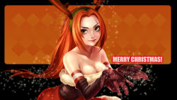 Rule 34 | 1girl, alternate costume, bad id, bad pixiv id, black gloves, breasts, brown eyes, christmas, cleavage, dress, gloves, highres, kaka cheung, katarina (league of legends), league of legends, long hair, orange hair, scar, slay belle katarina, smile, solo, strapless, strapless dress